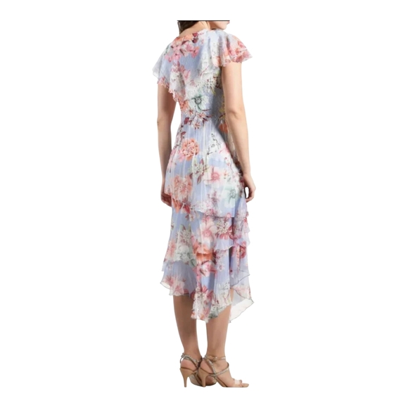 Komarov Tiered Flutter Sleeve Midi Dress  Periwinkle Bloom Size Small Floral - Picture 2 of 10